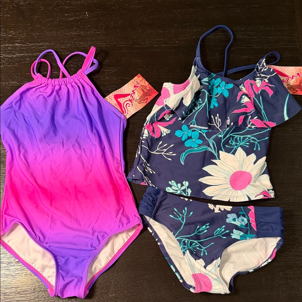 New 2 New Girls Swimsuits Pink & Purple One-Piece & Navy Floral Tankini    Sz 8